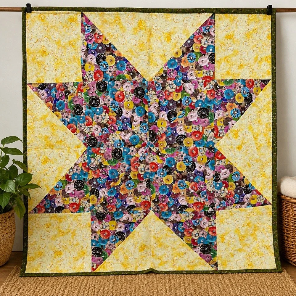 Vintage‎ Handmade Donut Star Quilt 46x46 Colorful Cottagecore Wall Decor
